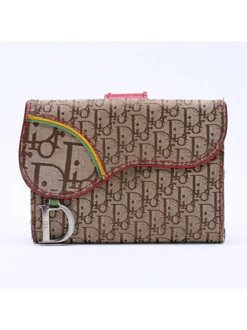 Dior Trotter Rasta Color Saddle Wallet Galliano Era Canvas D Beige